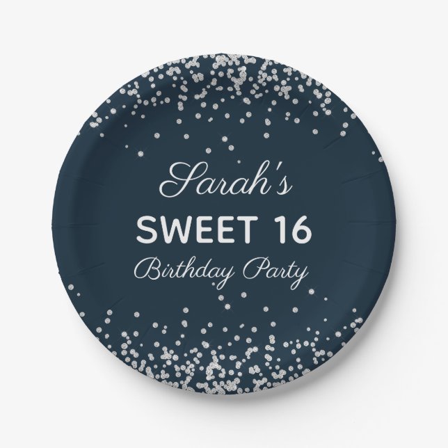 Navy Blue Silver Glitter Sweet 16 Birthday Party Paper Plates (Front)