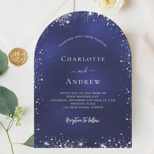 Navy blue silver glitter wedding arch invitation