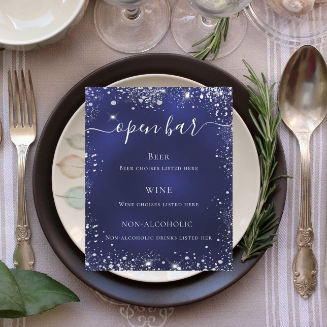 Navy blue silver glitter wedding bar menu (Creator Uploaded)
