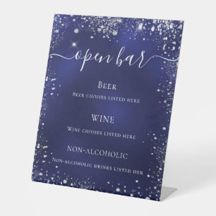 Navy blue silver glitter wedding bar menu pedestal sign