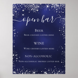 Navy blue silver glitter wedding bar menu poster