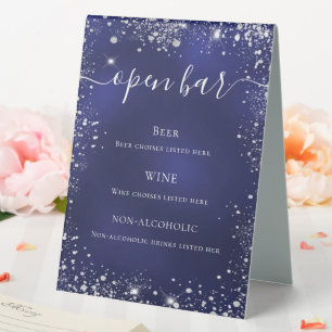 Navy blue silver glitter wedding bar menu table tent