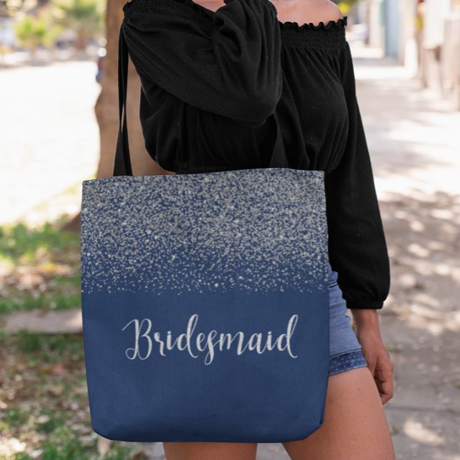 Navy Blue Silver Glitter Wedding Bridesmaid Tote Bag (Creator Uploaded)