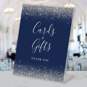 Navy Blue Silver Glitter Wedding Cards and Gifts Pedestal Sign