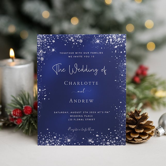 Navy blue silver glitter wedding invitation (Creator Uploaded)