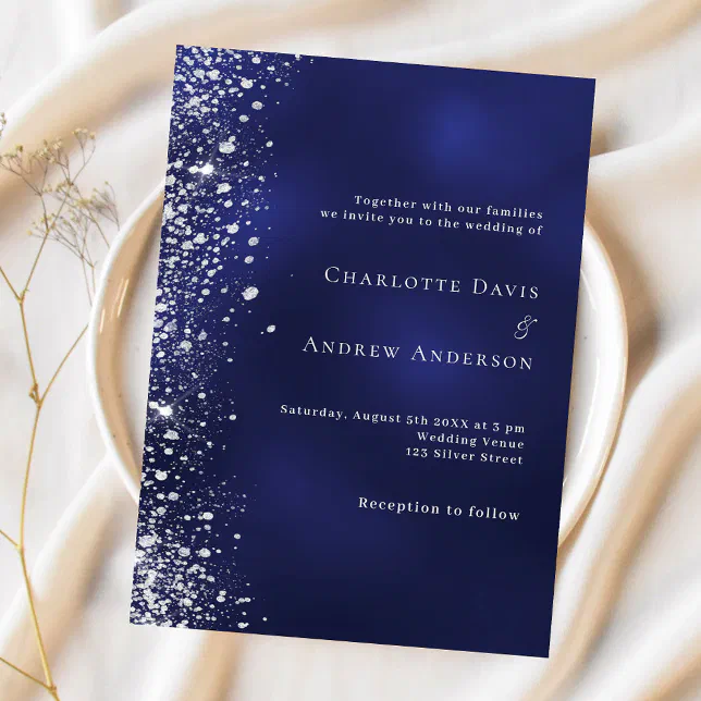 Navy blue silver glitter wedding invitation | Zazzle