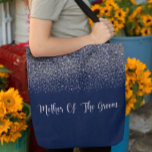 Navy Blue Silver Glitter Wedding Mother Of Groom Tote Bag<br><div class="desc">This design was created through digital art. Contact me at colorflowcreations@gmail.com if you with to have this design on another product. Purchase my original abstract acrylic painting for sale at www.etsy.com/colorflowart. See more of my creations or follow me at www.facebook.com/colorflowcreations, www.instagram.com/colorflowcreations, www.twitter.com/colorflowart, and www.pinterest.com/colorflowcreations. Fluid acrylic painting, abstract art, abstract...</div>