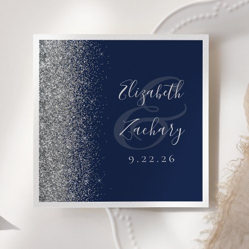 Navy Blue Silver Glitter Wedding Napkins