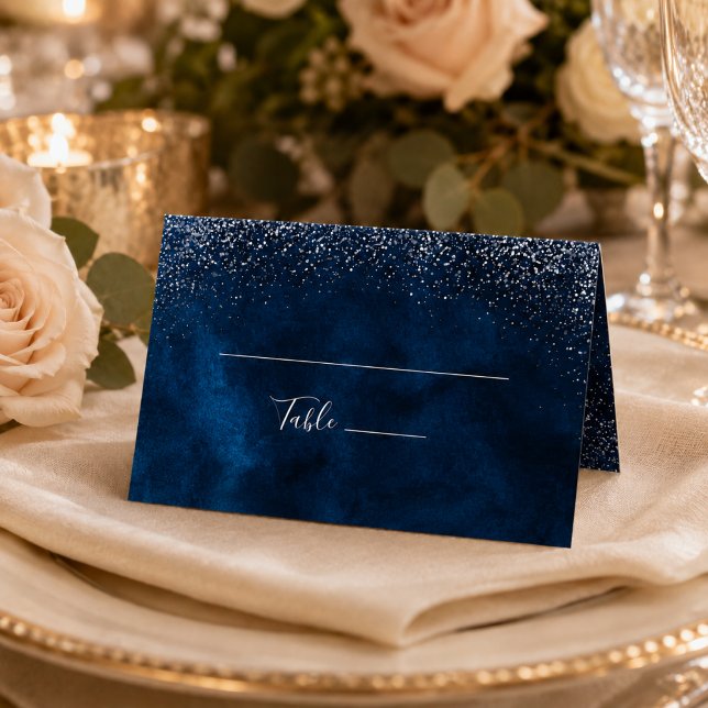 Navy Blue Silver Glitter Wedding Place Card (Creator Uploaded)