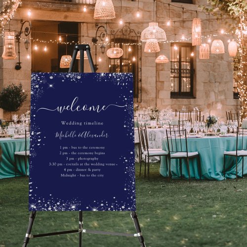 Navy blue silver glitter wedding program timeline foam board