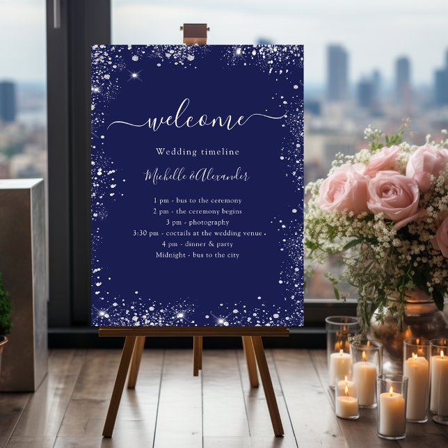 Navy blue silver glitter wedding program timeline foam board (Creator Uploaded)