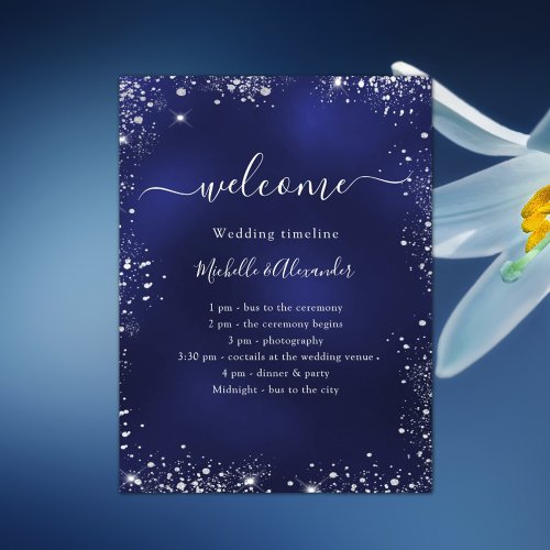 Navy blue silver glitter wedding program timeline poster