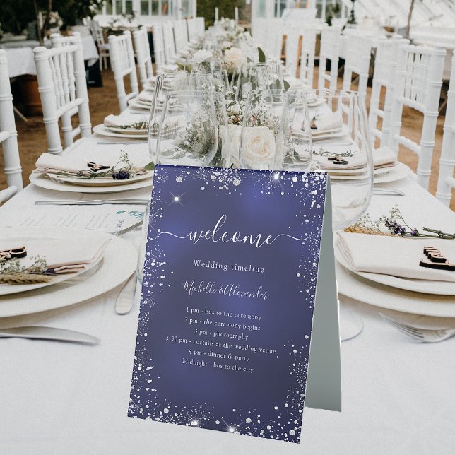 Navy blue silver glitter wedding program timeline table tent (Creator Uploaded)
