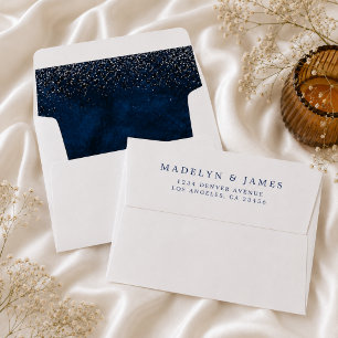 Navy Blue Silver Glitter Wedding Return Address Envelope