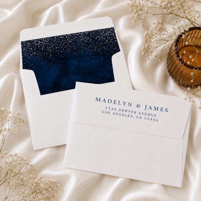 Navy Blue Silver Glitter Wedding Return Address Envelope (Creator Uploaded)