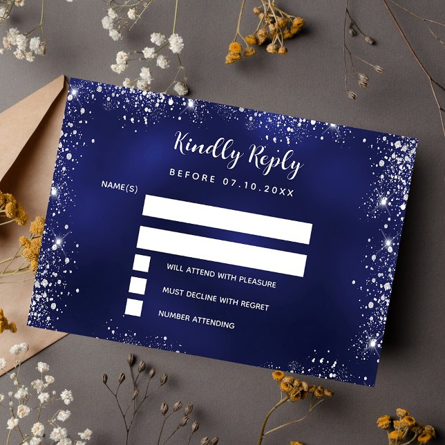 Navy blue silver glitter wedding RSVP Note Card (Creator Uploaded)