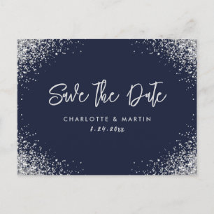 Navy Blue Silver Glitter Wedding Save The Date Announcement Postcard