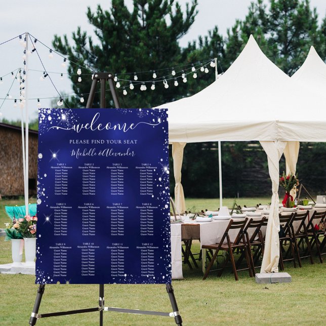 Navy blue silver glitter wedding seating chart foam board (Creator Uploaded)