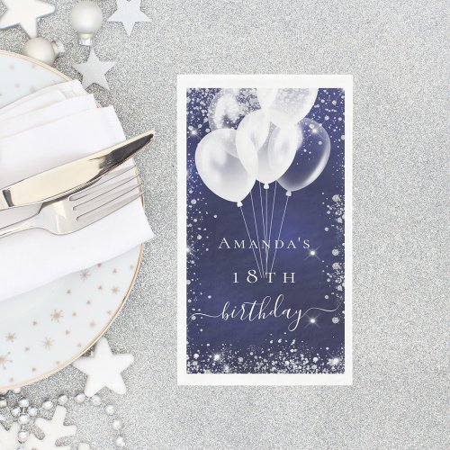 Navy blue silver glitter white balloons birthday paper guest towels