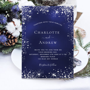 Navy blue silver glitter winter wedding invitation