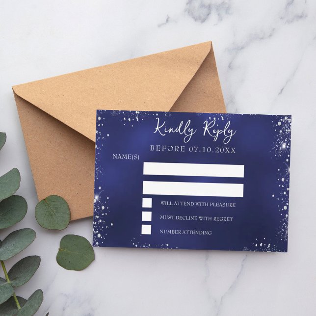 Navy blue silver glitter winter wedding RSVP Note Card (Creator Uploaded)