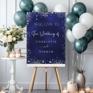 Navy blue silver glitter winter wedding welcome foam board