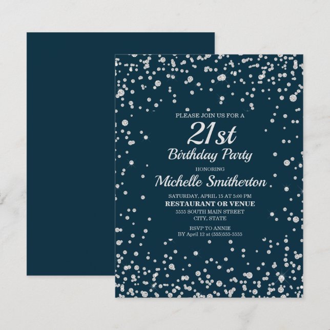 Navy Blue Silver Glitter Women 21st Birthday Card (Front/Back)