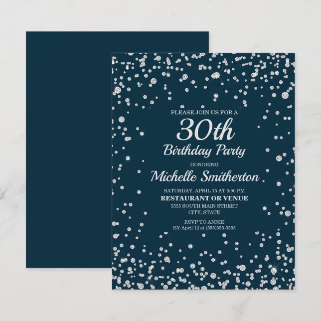 Navy Blue Silver Glitter Women 30th Birthday Card (Front/Back)