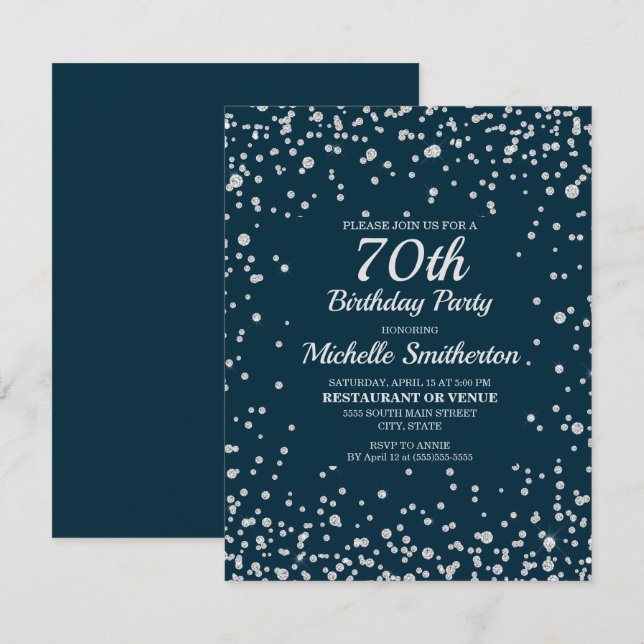 Navy Blue Silver Glitter Women 70th Birthday Card (Front/Back)
