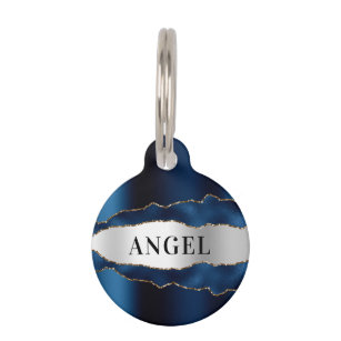 Navy blue silver gold agate marble name pet ID tag