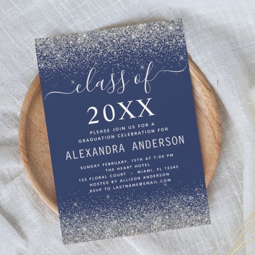Navy Blue Silver Graduation Party Class of 2024 Invitation