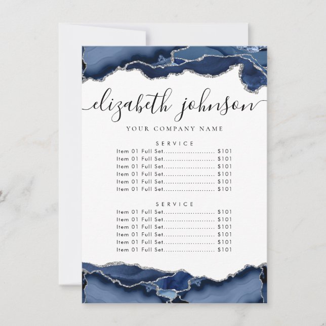 Navy Blue Silver Gray Agate Business Company Price Invitation (Front)