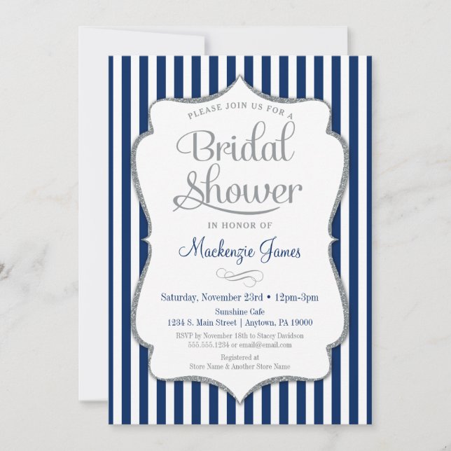 Navy Blue Silver Gray Bridal Shower Invitation (Front)