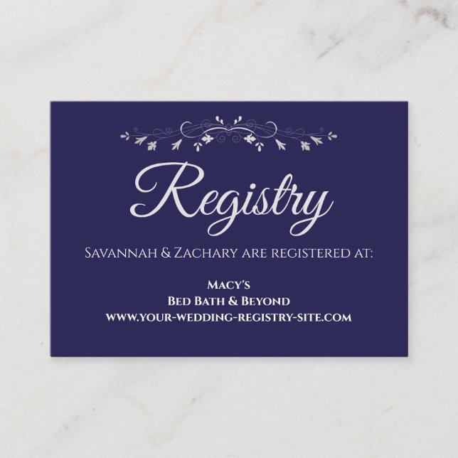 Navy Blue & Silver Gray Elegant Wedding Registry Enclosure Card (Front)