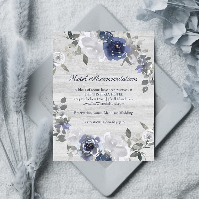 Navy Blue Silver Gray Floral Hotel Accommodations Enclosure Card (Creator Uploaded)