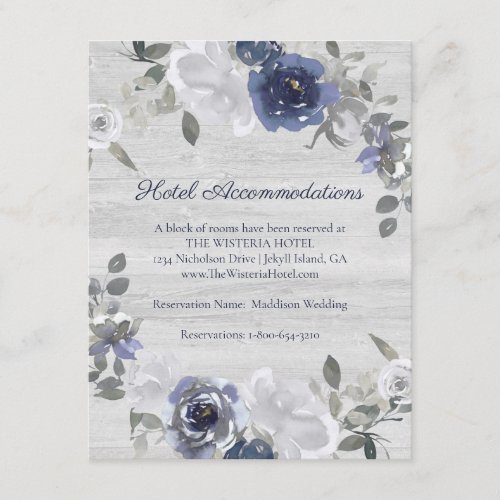 Navy Blue Silver Gray Floral Hotel Accommodations Enclosure Card