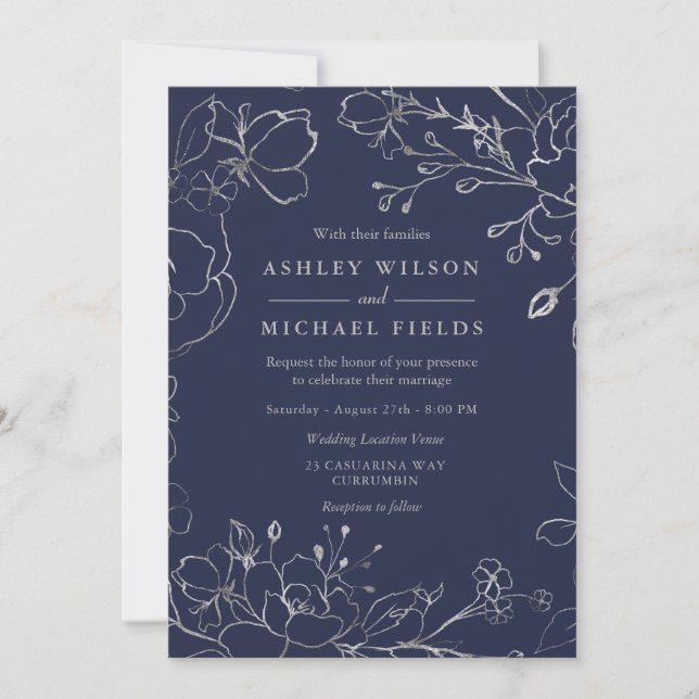 Navy Blue & Silver Gray Floral Modern Wedding Invitation (Front)