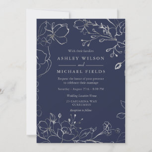 Navy Blue & Silver Gray Floral Modern Wedding Invitation