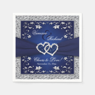 Navy Blue, Silver Gray Floral Paper Wedding Napkin
