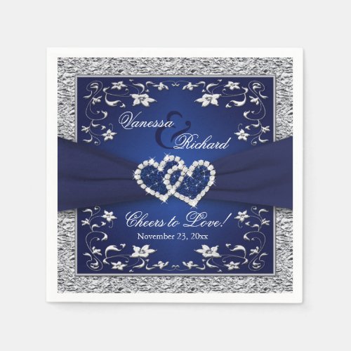 Navy Blue Silver Gray Floral Paper Wedding Napkin