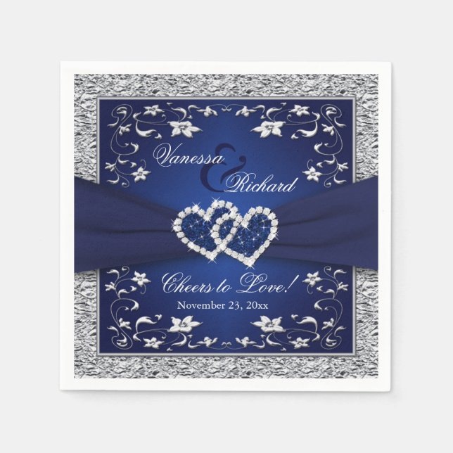 Navy Blue, Silver Gray Floral Paper Wedding Napkin (Front)