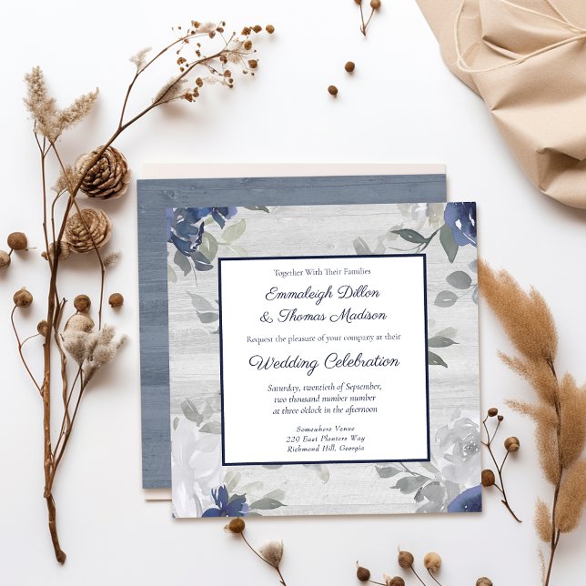 Navy Blue Silver Gray Floral Pattern Wedding Invitation (Creator Uploaded)