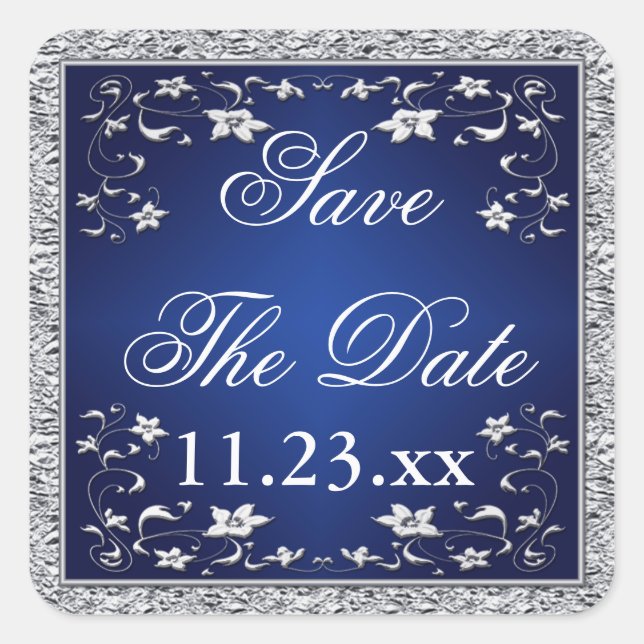 Navy Blue Silver Gray Floral Save The Date Sticker (Front)
