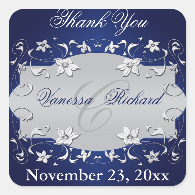 Navy Blue Silver Gray Floral Wedding Favor Sticker (Front)