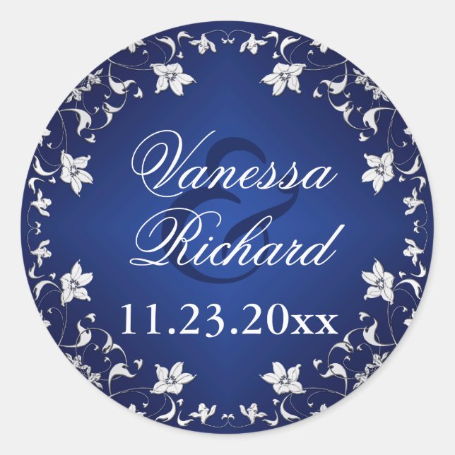 Navy Blue, Silver Gray Floral Wedding Sticker (Front)