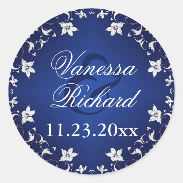 Navy Blue, Silver Gray Floral Wedding Sticker (Front)