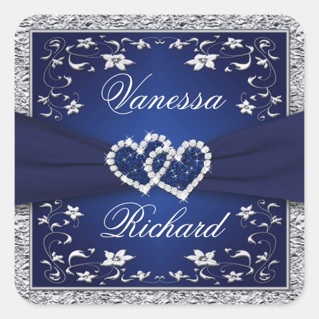 Navy Blue Silver Gray Floral Wedding Sticker (Front)