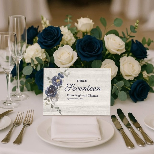 Navy Blue Silver Gray Floral Wedding Table Number (Creator Uploaded)