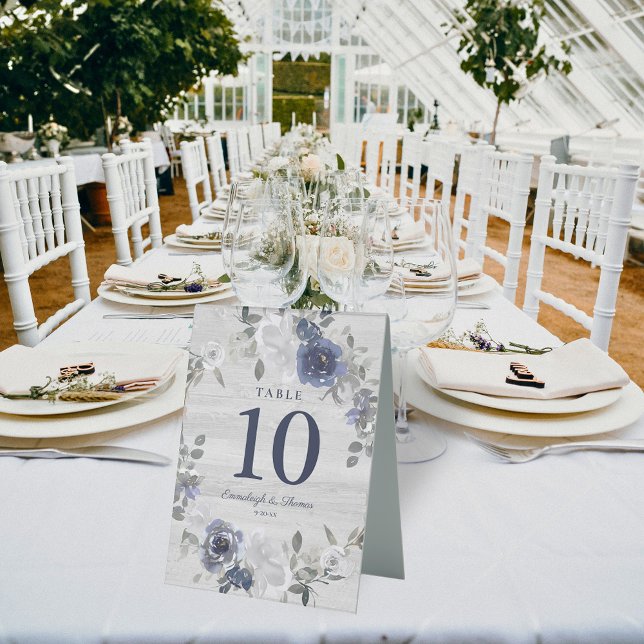 Navy Blue Silver Gray Floral Wedding Table Tent (Creator Uploaded)