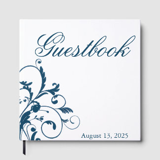 Navy Blue Silver/Gray Flourish Guest Book
